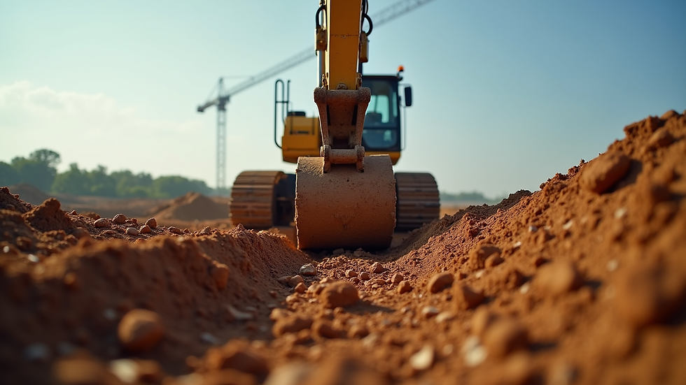 Eye-level view of excavator digging soil at a construction site