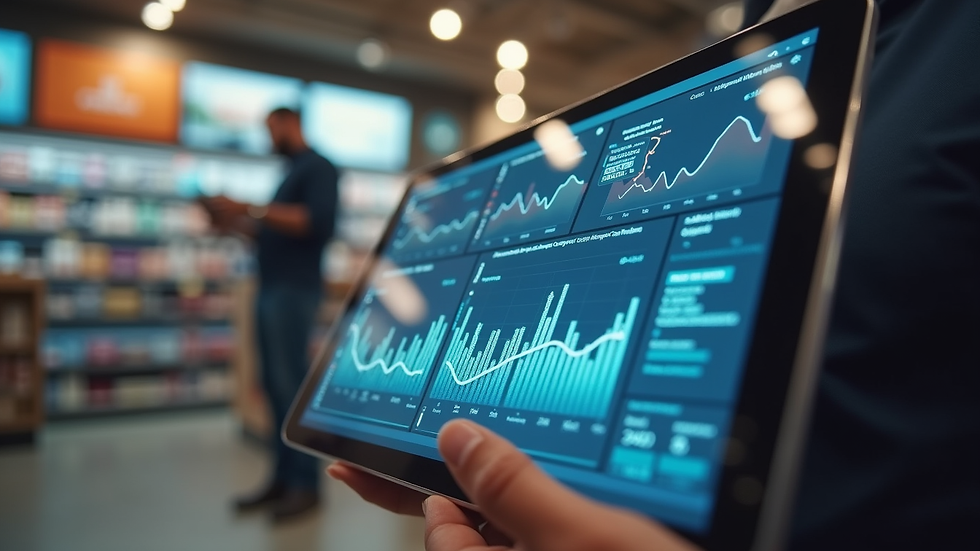 Close-up view of a tablet displaying AI analytics dashboard in a small retail store