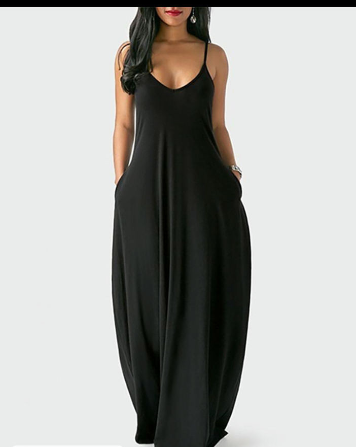 Plus Size Pocket Design V-Neck Spaghetti Strap Maxi Dress
