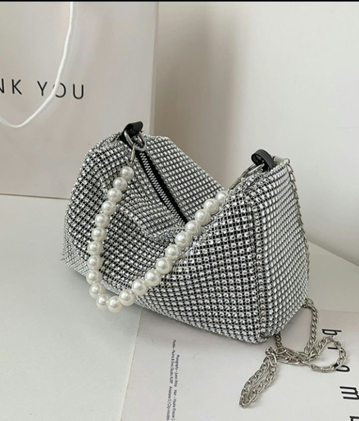 Thumbnail: Sparkling Rhinestone Shoulder Bag With Pearls Handle