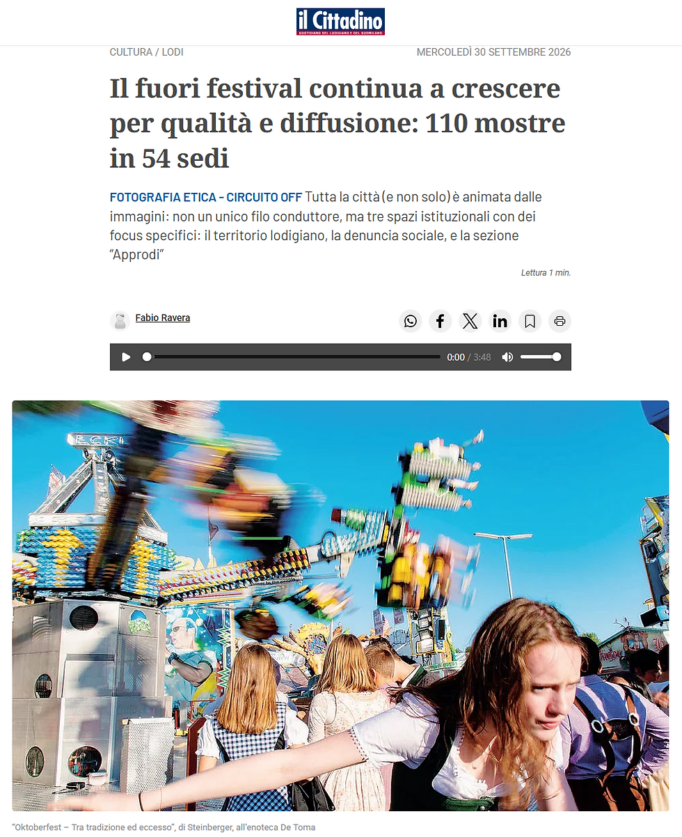Press article on the Festival della Fotografia Etica - Circuito OFF, featuring Ralf Steinberger's Oktoberfest photo.