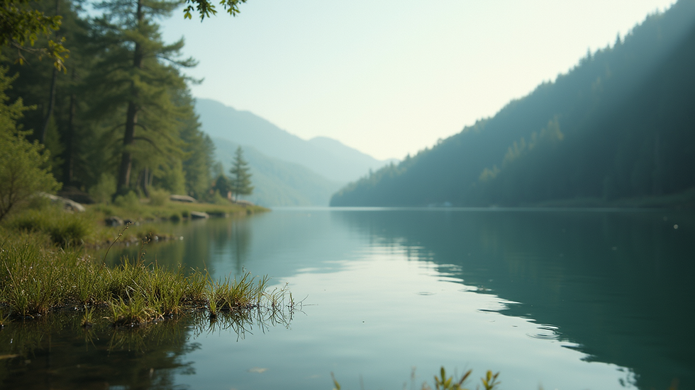Eye-level view of a serene nature scene with a calm lake
