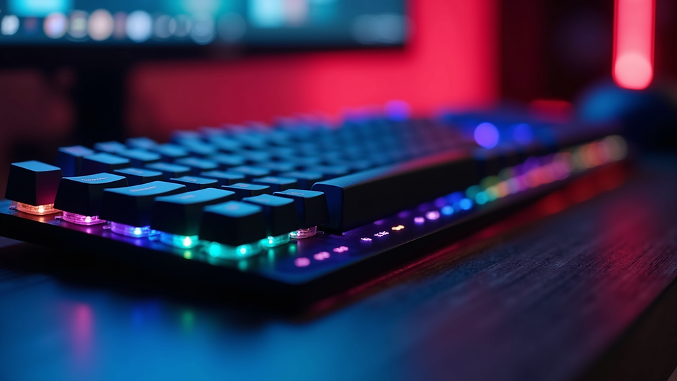 Close-up view of a gaming setup with colorful LED lights
