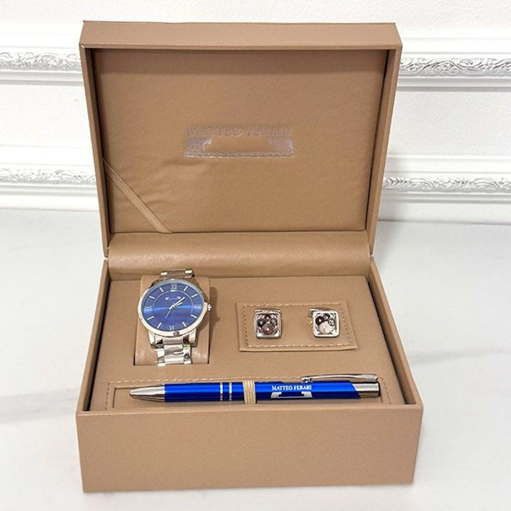 Miniatură: Set pentru barbati trei piese, Matteo Ferari, cutie eleganta cu ceas, butoni si