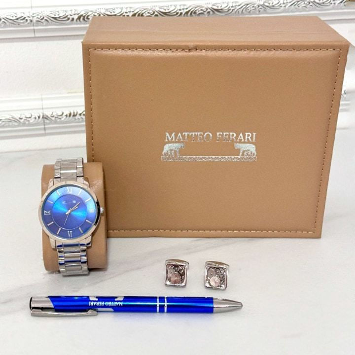 Miniatură: Set pentru barbati trei piese, Matteo Ferari, cutie eleganta cu ceas, butoni si