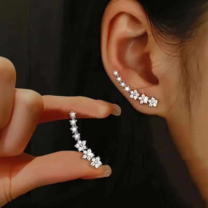 Fashion Silver Color Zircon Flower Star Stud Earrings For Women Simple Metal Pie