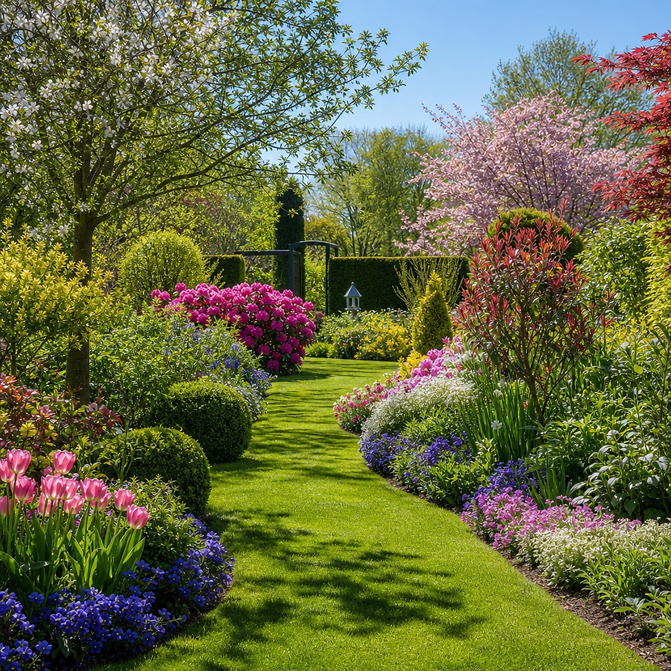 Fully prepared Sydney garden in peak spring bloom with healthy lawn and flowering plants