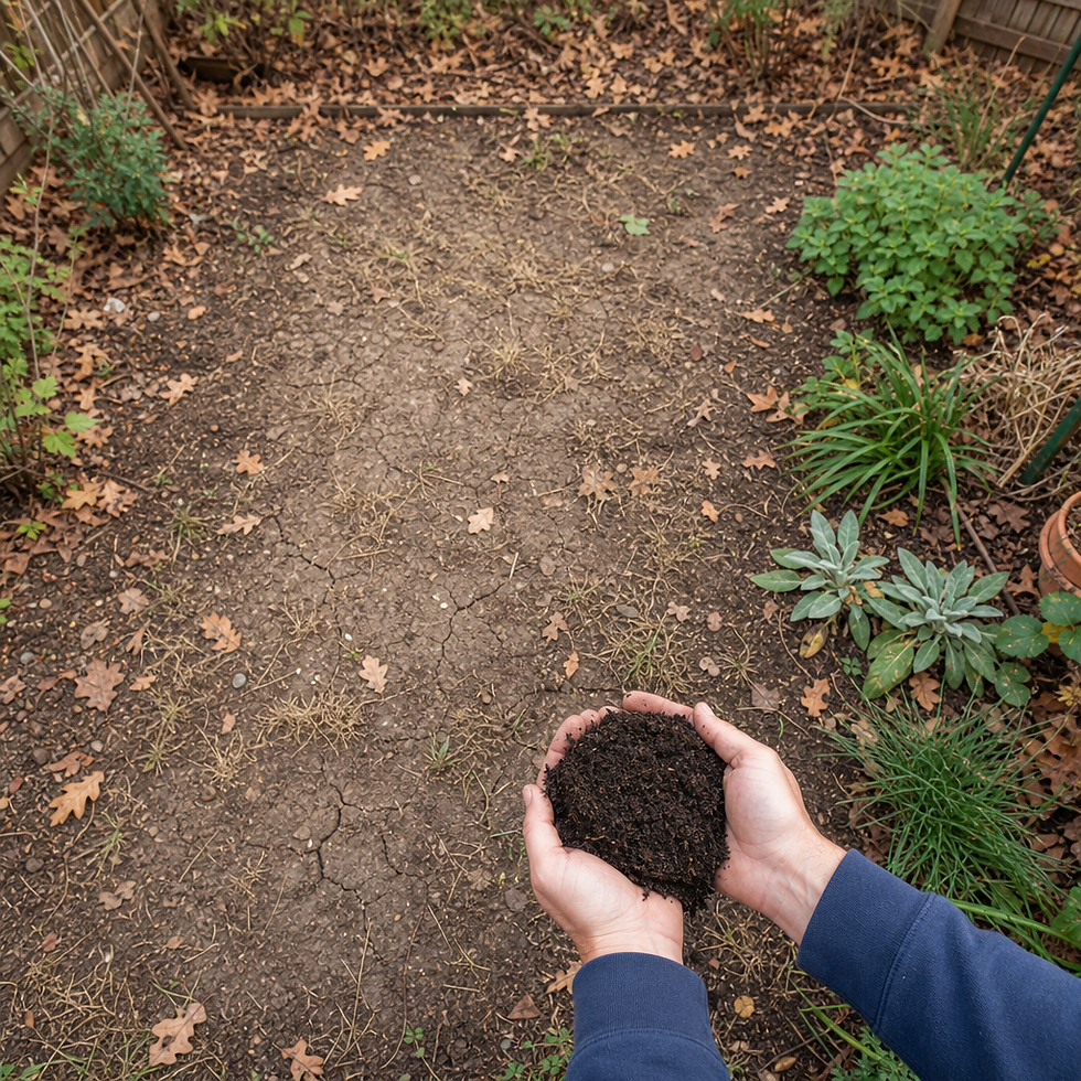 Late winter Sydney garden with compacted soil and autumn leaf litter ready for spring preparation