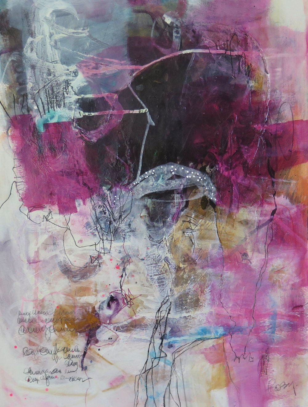 Art abstrait papier Rose noir rose lumière par l'artiste peintre canadienne Kathleen Roby