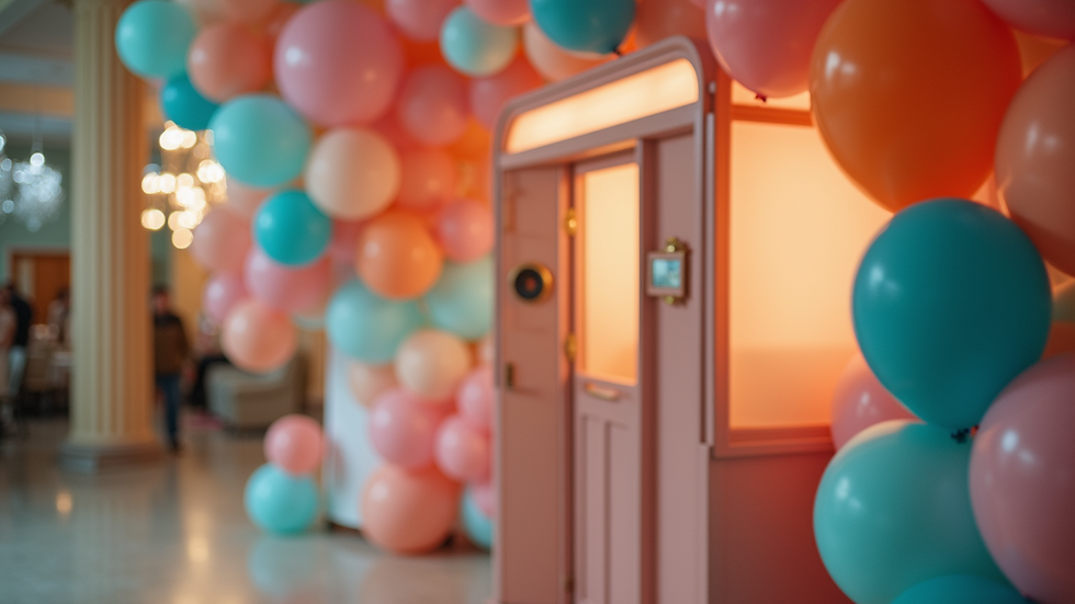 Close-up view of a stylish balloon decor with a photobooth in the background