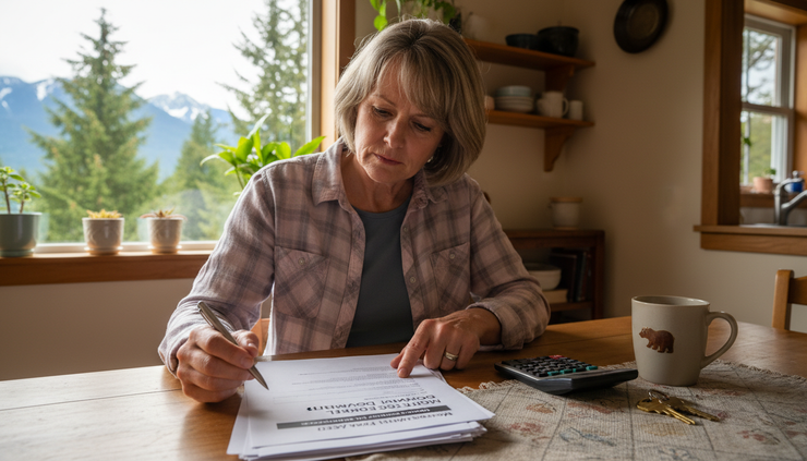 Eye-level view of a homeowner reviewing mortgage papers at a kitchen table