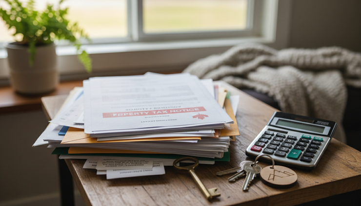 Close-up of neatly stacked home documents beside a set of keys
