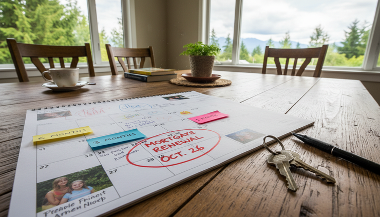 Wide-angle view of a family calendar with a mortgage renewal date circled
