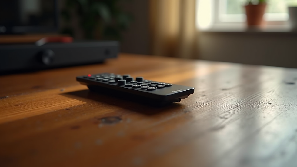 High angle view of a home audio system remote control on a wooden table