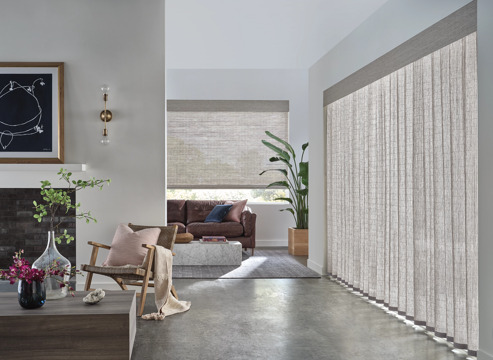 Soho vertical Hunter Douglas woven wood shades with matching top treatments – Mill End Shops Rockville, Annapolis, and Fairfax.