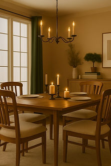 Warm holiday dining room featuring a wooden table, cream boucle chair cushions, soft candlelight, and forest green drapery