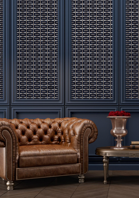 Room interior featuring The Vale London - Hype Collection - Fabricut Mamounia WP Midnight wallpaper in a designer setting.