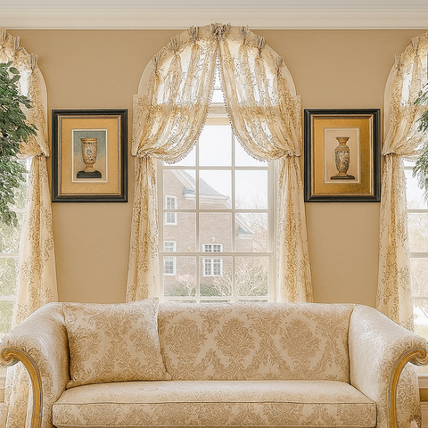 Elegant custom arched sheer drapes with embroidered patterns and fringe trim, framing large arched windows behind a classic damask sofa in a traditional living room.