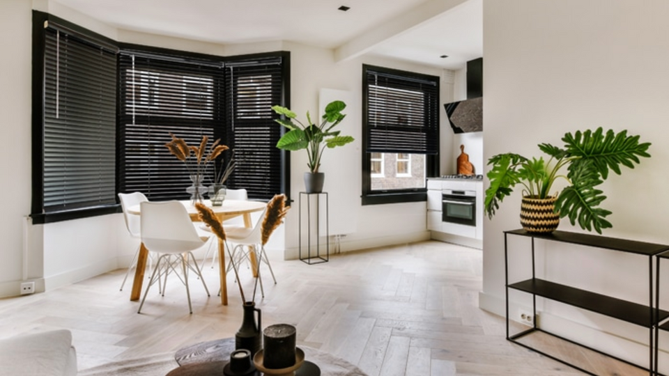 Open kitchen and dining area with Norman CityLights black aluminum blinds, white furniture, and indoor plants.