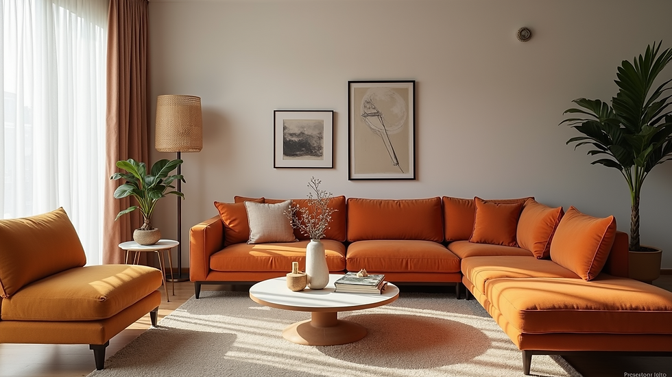 Wide angle view of a beautifully designed living room showcasing a mix of colors and furnishings