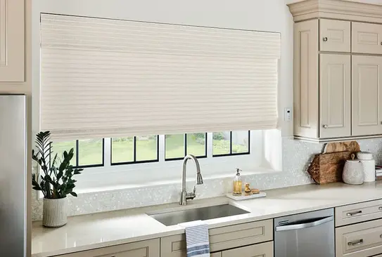 Denver Sweet Cream motorized Roman natural shade by Graber in a kitchen – Mill End Shops Rockville, Annapolis, and Fairfax.