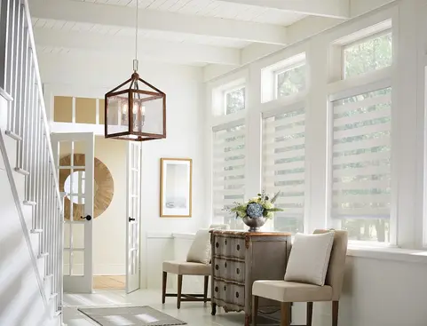 Bright entryway with Graber Crestones Lace Layered Shades – from Mill End Shops in Rockville, Annapolis & Fairfax.