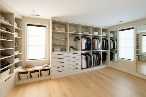 Mill End Shops custom shades installed in a luxury walk-in closet, featuring light wood storage units, natural light, and elegant window treatments.