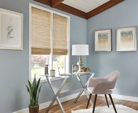Graber Saterra Terrain cordless Roman shades in a modern home office – Mill End Shops Rockville, Annapolis, and Fairfax.