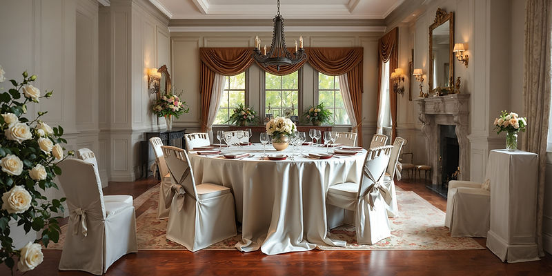 Large, styled photo of a table with custom linens