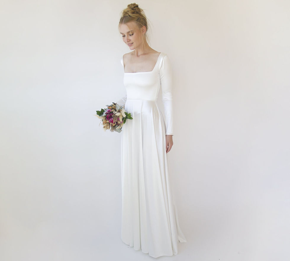 Thumbnail: Bestseller Ivory Square Neckline Minimalist Satin Wedding Dress #1351