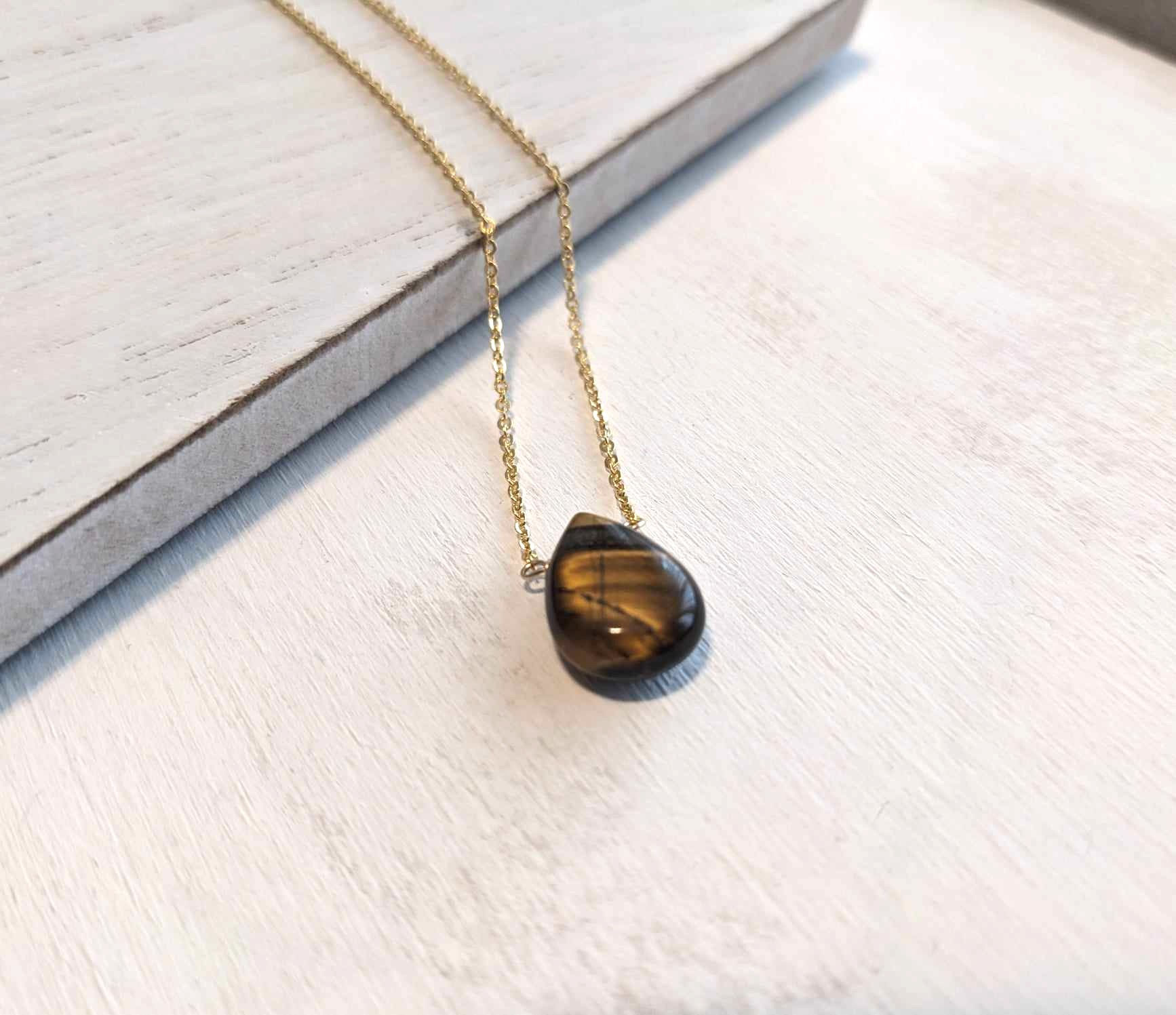 Tiger Eye Teardrop Pendant Necklace in 14k Gold Filled