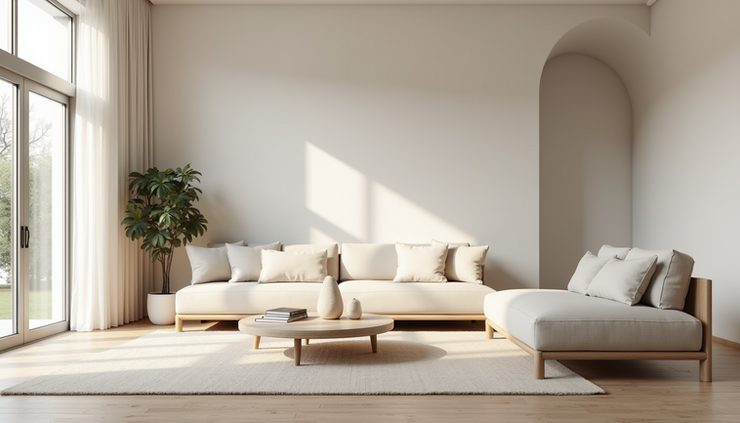 Modern living room with beige sofas, a round wooden coffee table, and a potted plant. Sunlight streams through large windows. Minimalist and serene.