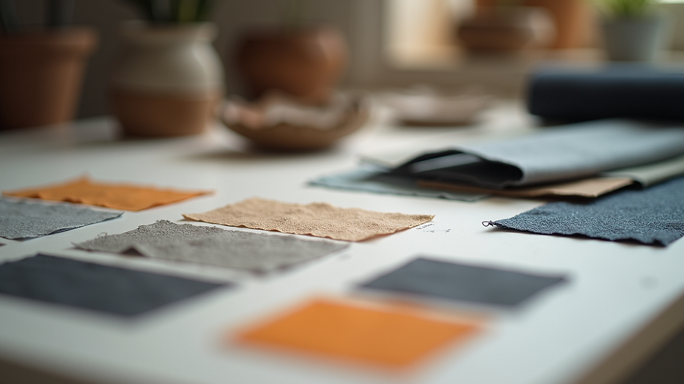 Close-up view of a designer’s workspace with fabric samples and colour palettes