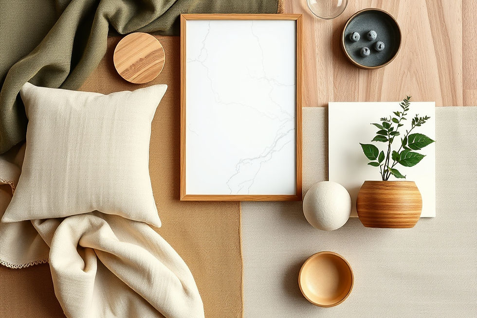 Close-up view of a virtual mood board with fabric swatches and colour samples