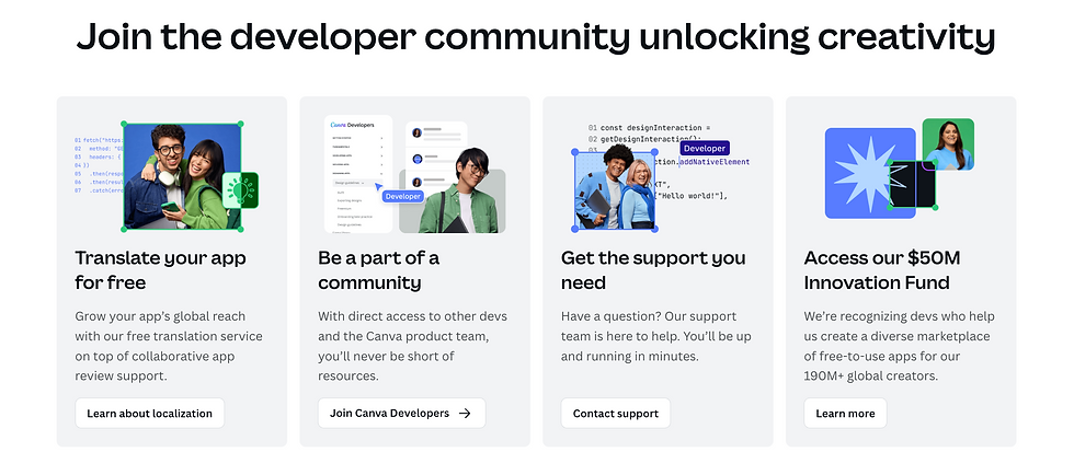 Developer community ad showcasing app translation, collaboration, support, and a $50M innovation fund. Features diverse smiling people.