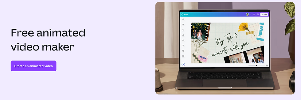 Laptop displaying "My Top 5 moments with you" on Canva. Text reads "Free animated video maker" with a "Create an animated video" button. Cozy setting.