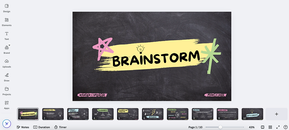 Blackboard with "BRAINSTORM" on yellow stripe, pink and green star decor. Text: "WARNER SPENCER" and "MARCH 2023." Creative vibe.