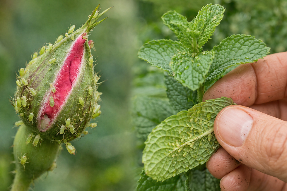 Afidi su rosa e menta osservati da vicino mentre si controllano i nuovi germogli e il retro delle foglie