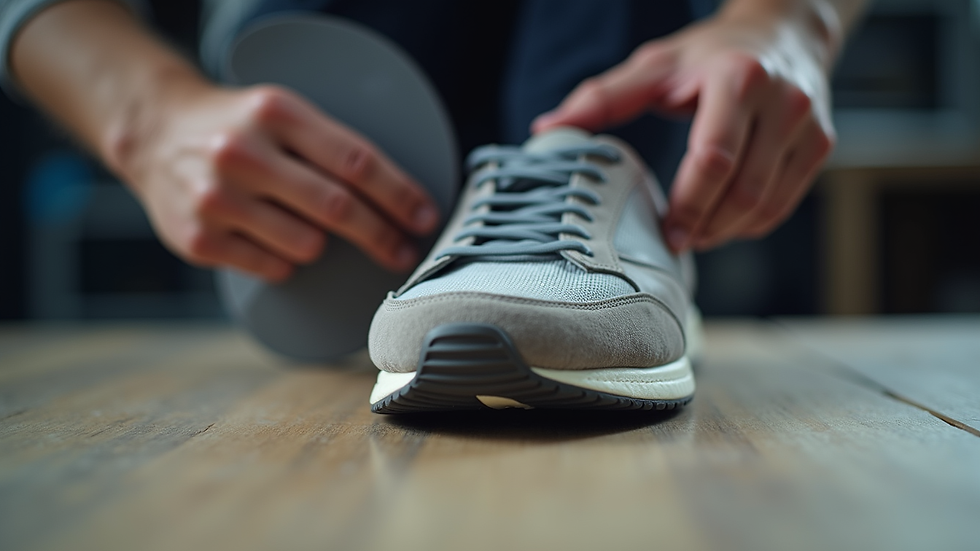 Eye-level view of a custom orthotic being fitted into a sneaker