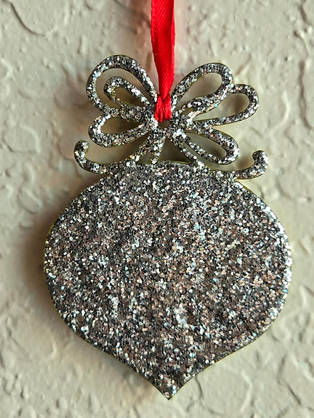 Joy| 2.5 " wood ornament with Joy lettering in red, bow in gold and perimeter in greens with resin in silver and silver glitter back finished with red ribbon | resin | resin crafter | resin craft | resin artwork | Christmas Decor | joy Decor