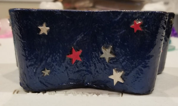 Stars and fireworks | 6" glass bowl with reverse decoupage and painted in deep navy blue with wood star cut outs attached on the outside of the bowl | decoupage | decoupage art | decoupage queen | star bowl | stars | red white and blue
