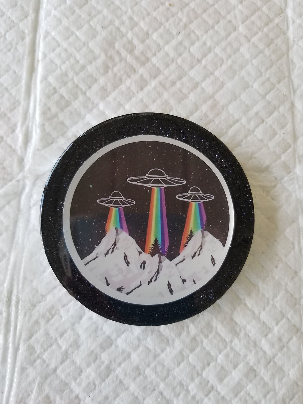 Alien Visit | 2.5" resin coaster with a night sky background and 3 alien ships searching the mountains in winter | resin | resin art | resin craft | spaceships | alien visits | Coaster Enthusiast | Coaster Junkie