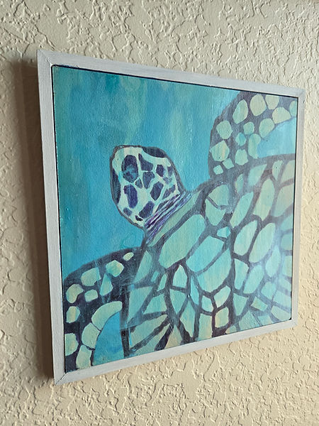 Turtle Ascending | 12x12 masonite board turtle painting in blues, purple/brown and whites with white frame | acrylic painting | acrylic artwork | upcycling | turtles | sea turtles | turtle love | turtle decor |upcycling ideas |