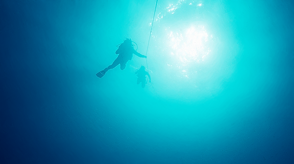 Ascending? | divers either ascending or descending on a dive with the sun's rays shining through the water | underwater photography | underwater world | underwater life | divers | sun's rays