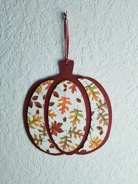 Fall Pumpkin | 12" wood door hanger in original rust color and falling leaves napkin decoupage. | pumpkins | pumpkin Season | decoupage | fall leaves | door hanger