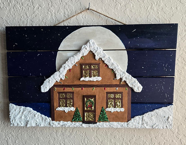 Ski Chalet or Gingerbread House | 11x17 wood board painted innigtt wintery scene with a warm house with golden light at the windows and doors against the full moon and sparkling snow.| acrylic art | acrylic pai| ski chalet | gingerbread house | winter scenery | Christmas decorations