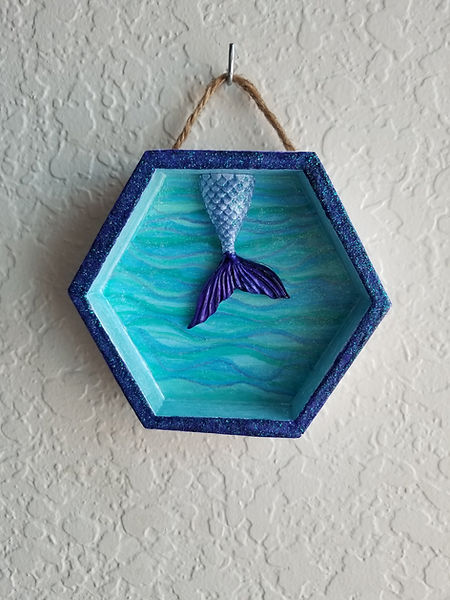 Little Mermaid | 6" hexagon wood frame with a mermaid tail made of eco resin, acrylic paint and glitter in blues and purples | eco resin | mermaids | mermaid | mermaid decor | mermaid art | acyrlic | acrylic painting