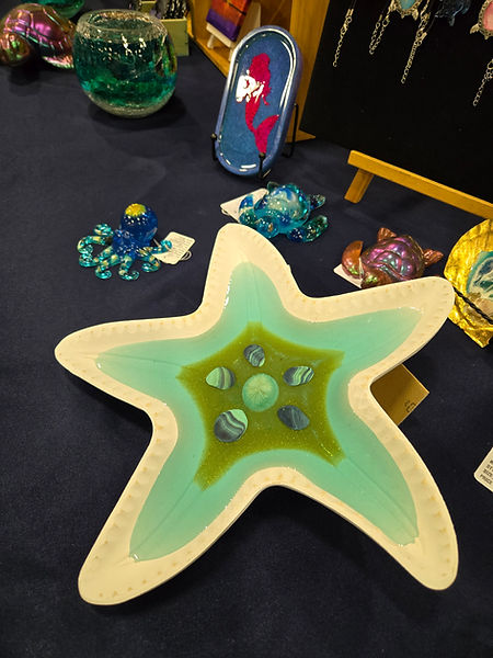 Starfish Bowl - 10" wooden starfish bowl with sand, gold mica, coral and wampum shells in sea blue resin that looks like water | resin | resin art | resin artwork | resin artist | starfish | starfish decor | beach decor