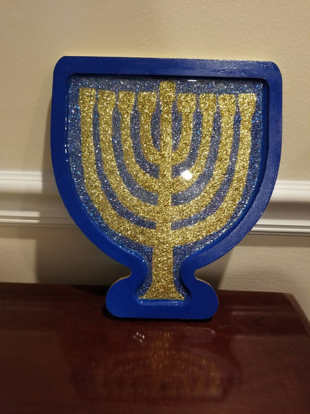 Menorah | 12" menorah-shaped wooden tray in gold and blue glitter varnish | Judaica art | glitter varnish | resin