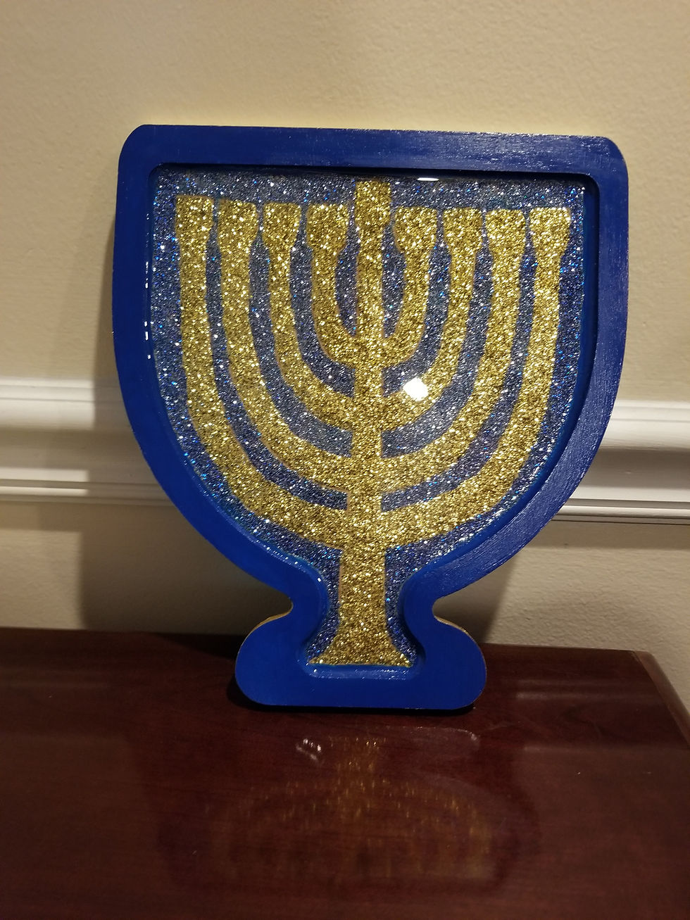 Menorah | 12" menorah-shaped wooden tray in gold and blue glitter varnish | Judaica art | glitter varnish | resin